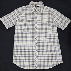 Outdoor Research Men’s Medium Plaid Short Sleeve Button Up Hiking Shirt WH & BLU
